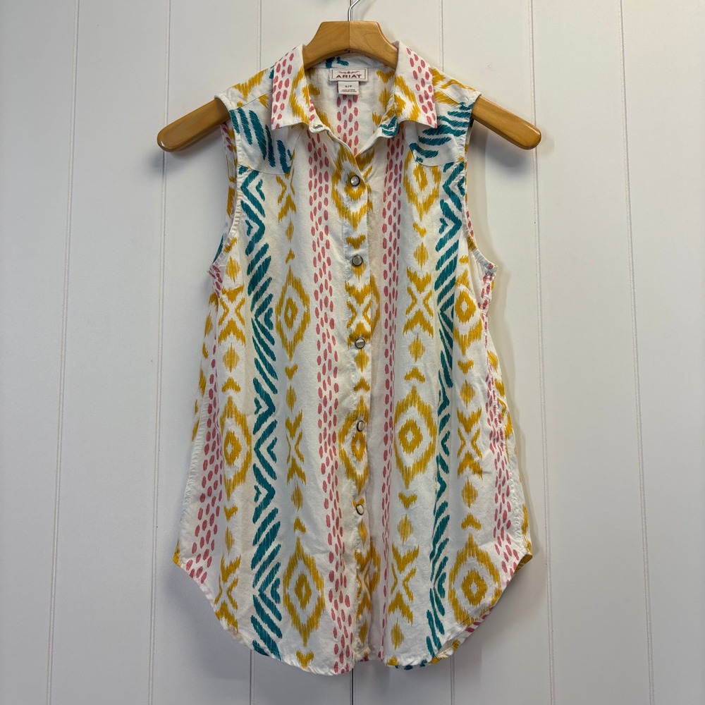 Ariat Western Boho Ikat Snap Front Tank Top Size S Festival Summer Southwestern